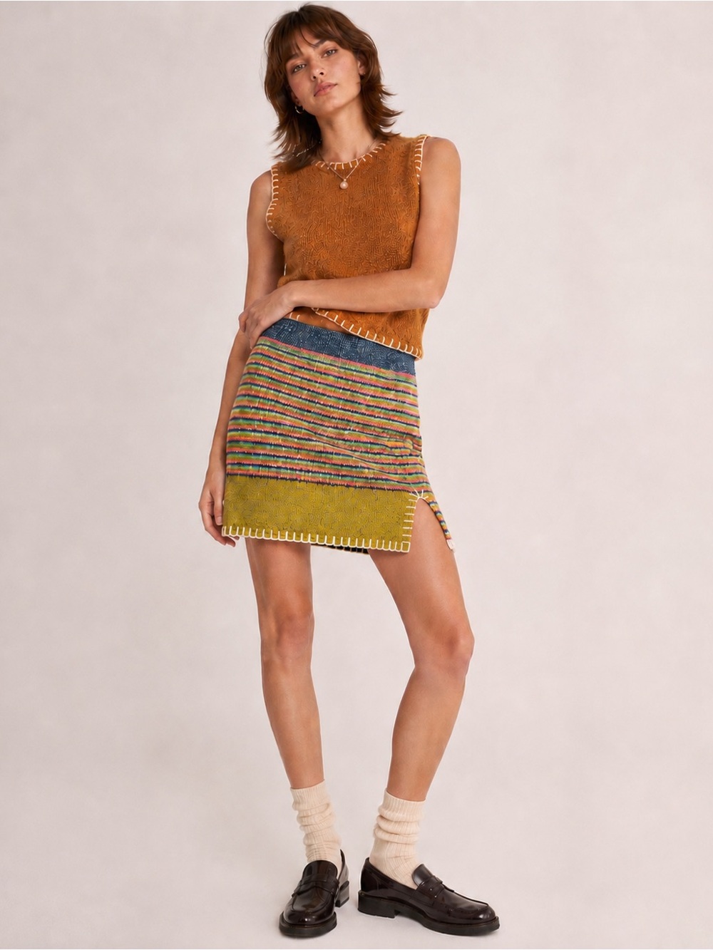 YANYAN KNITS $275 Tweedle Mini Skirt In Rainbow Ochre Embroidered Stitch Y2K FUN